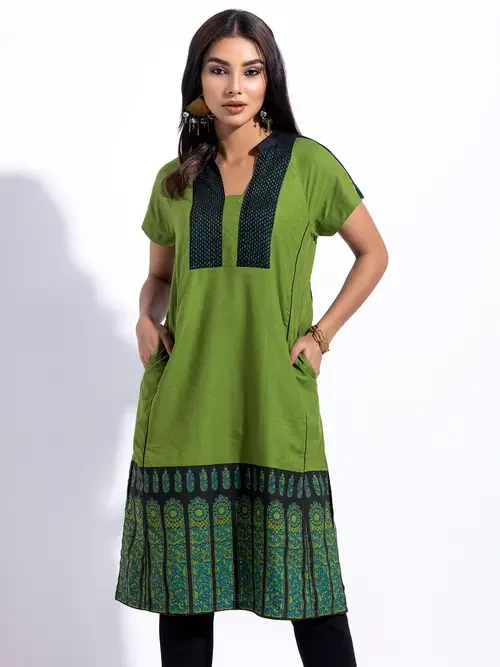 Green Printed and Embroidered Viscose-Cotton Taaga Casual Dress