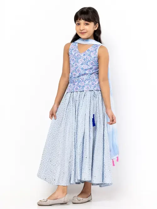 Sky Blue Printed and Embroidered Linen Ghagra Choli