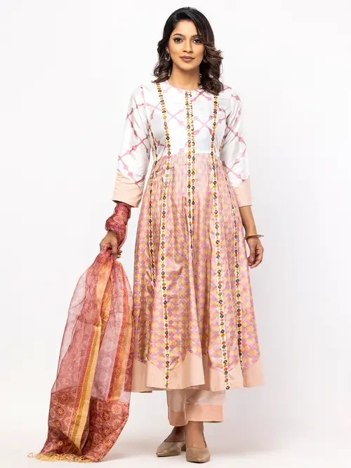 White Printed and Embroidered Viscose Shalwar Kameez