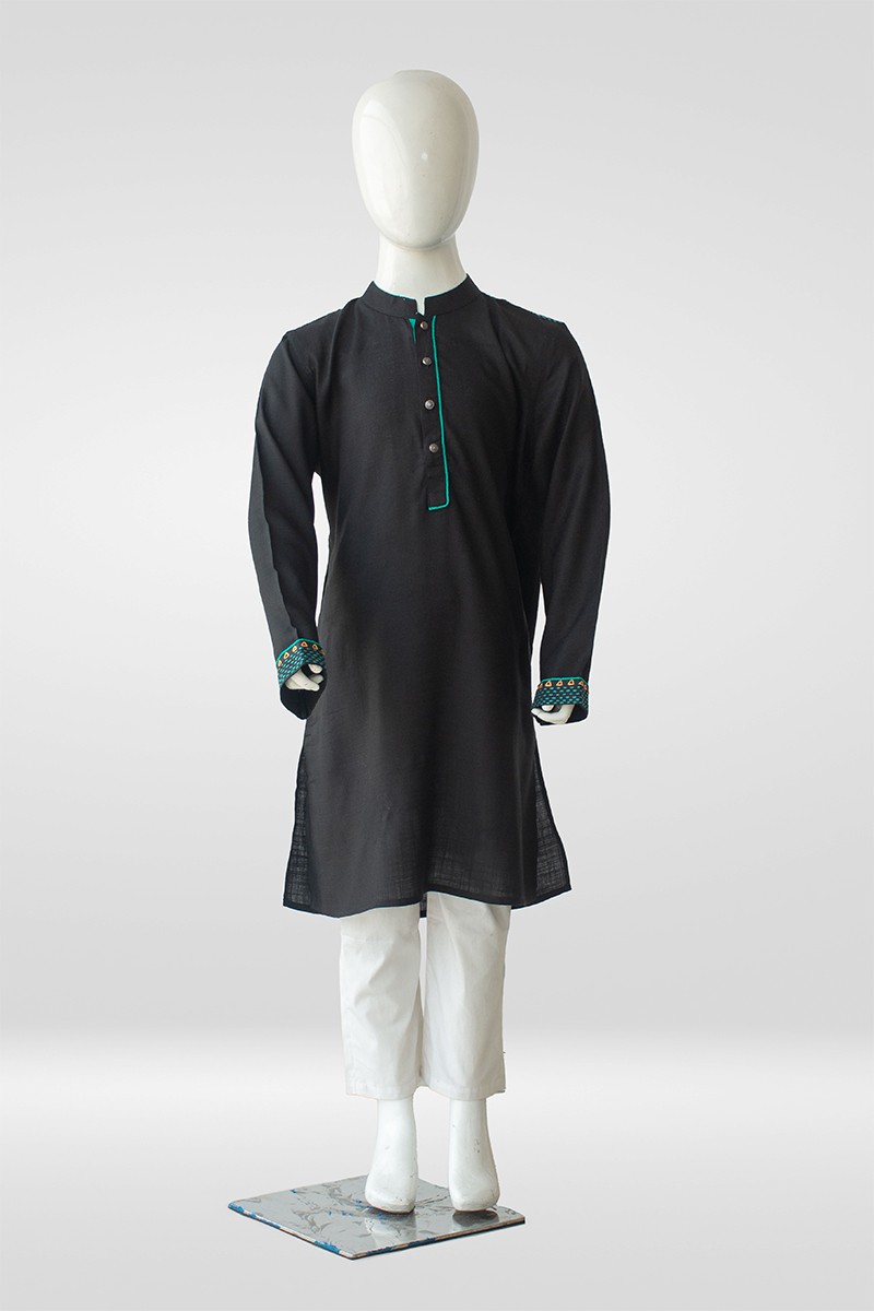 Black Cotton Printed & Hand Embroidered Panjabi for Boys