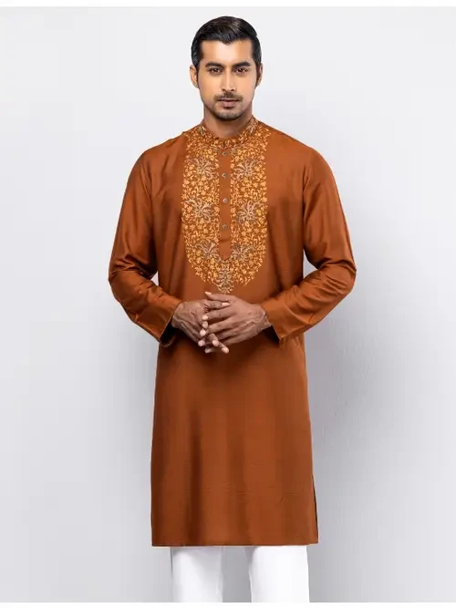 Brown Embroidered Joysree Silk Panjabi